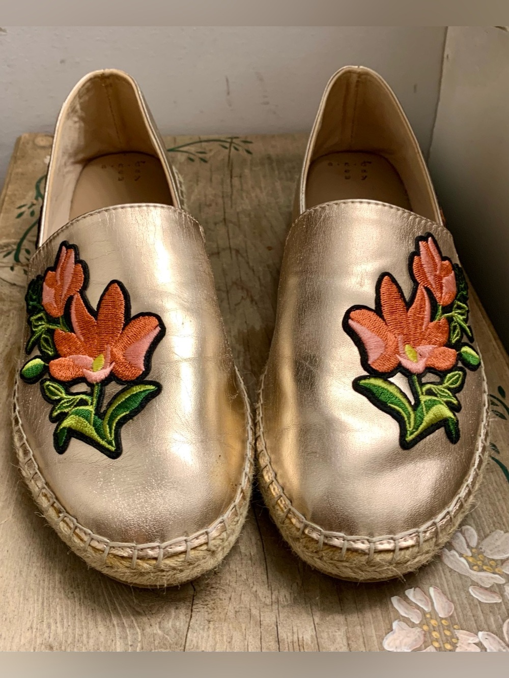 a new day Gold Espadrille Slip-Ons with Pink Floral Applique